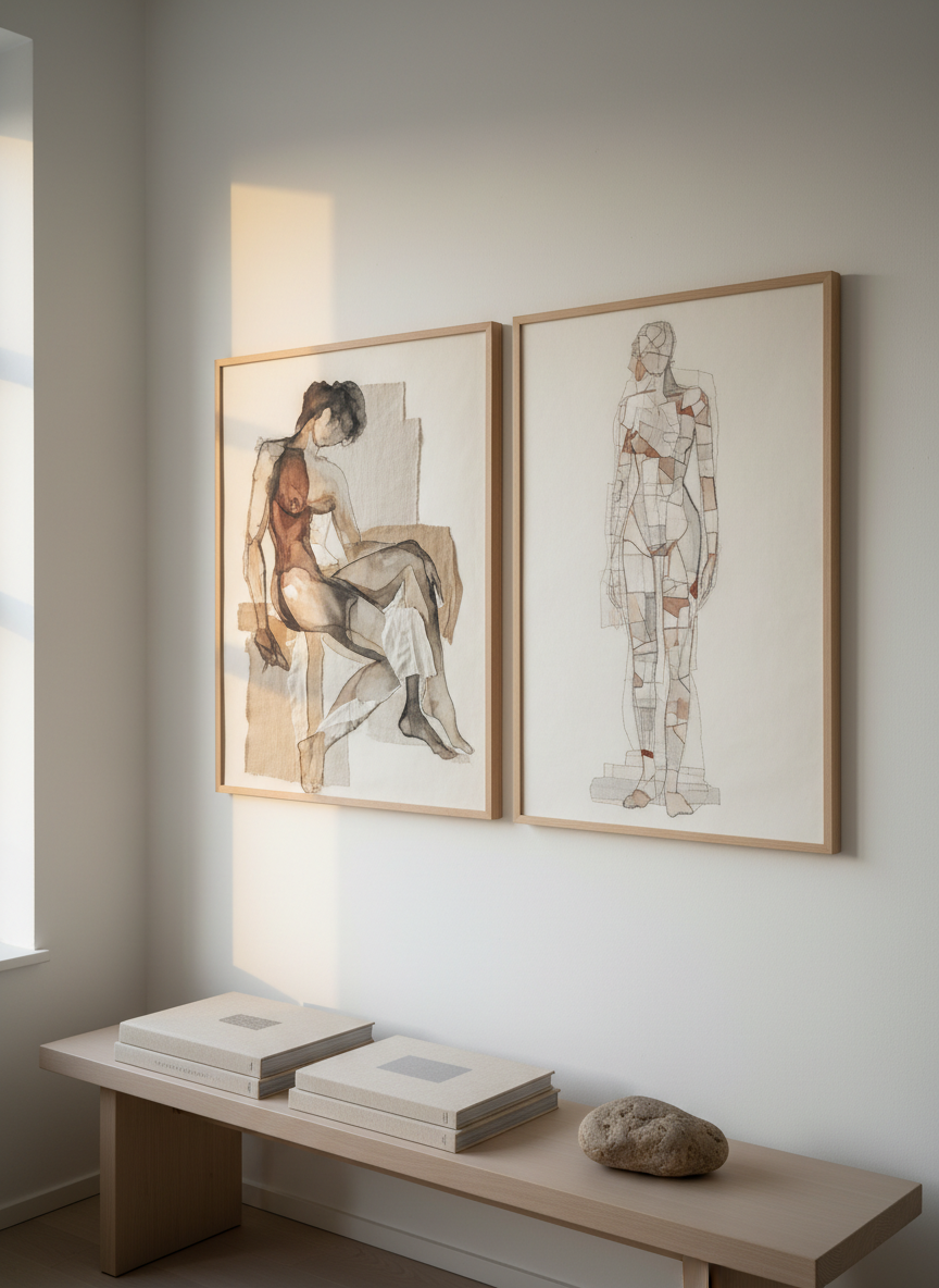 An elegantly styled gallery wall corner in a minimalist Danish apartment, featuring two large mixed-media figurative artworks hung side by side on a crisp white wall. One piece hints at a reclining figure through broad, translucent ink washes and collaged fabric; the other suggests a standing form built from stitched paper fragments and subtle graphite shading, all in a palette of warm neutrals, cool greys, and faint earthy terracotta. Below, a low, pale-wood bench holds neatly stacked art books and a rough-textured stone. Soft golden-hour sunlight enters from the left, grazing the artwork surfaces and emphasizing their layered textures while casting restrained shadows on the wall. Photographic realism from a slightly elevated angle, creating a sophisticated, serene atmosphere that conveys an intimate, curated portfolio space without any human presence.