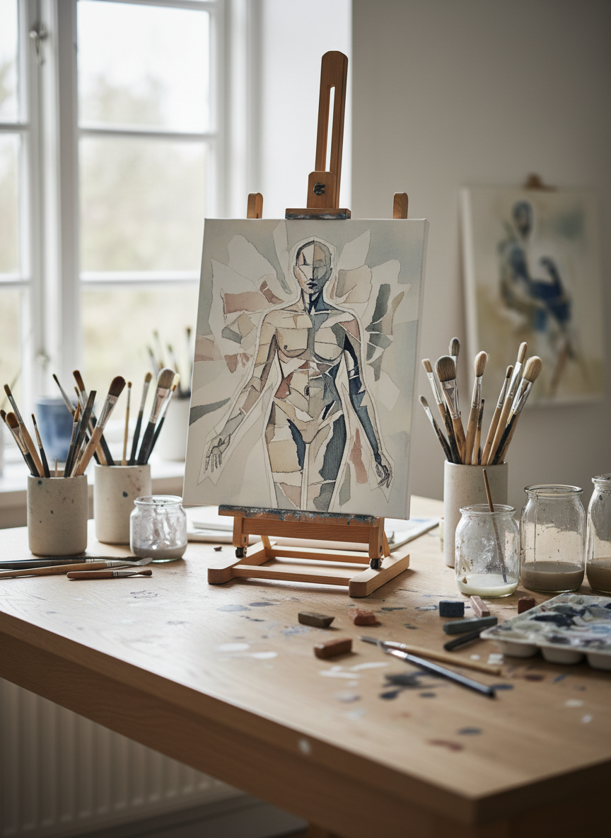 A meticulously arranged studio worktable covered with mixed-media figurative artworks, focusing on a single, partially completed canvas showing an abstracted human silhouette built from layered torn paper, delicate graphite lines, and muted ink washes in soft greys, dusty blush, and deep indigo. The table surface is pale oak with faint paint splatters, surrounded by neatly placed brushes, pigment sticks, and small glass jars of medium. Soft, diffused north-facing daylight enters from an unseen window, casting gentle, elongated shadows and subtle highlights along the textured papers. Photographic realism at eye level, with a shallow depth of field that keeps the central artwork crisp while the surrounding tools blur into a sophisticated, calm background, capturing a serene, contemplative atmosphere in a Danish artist’s studio.
