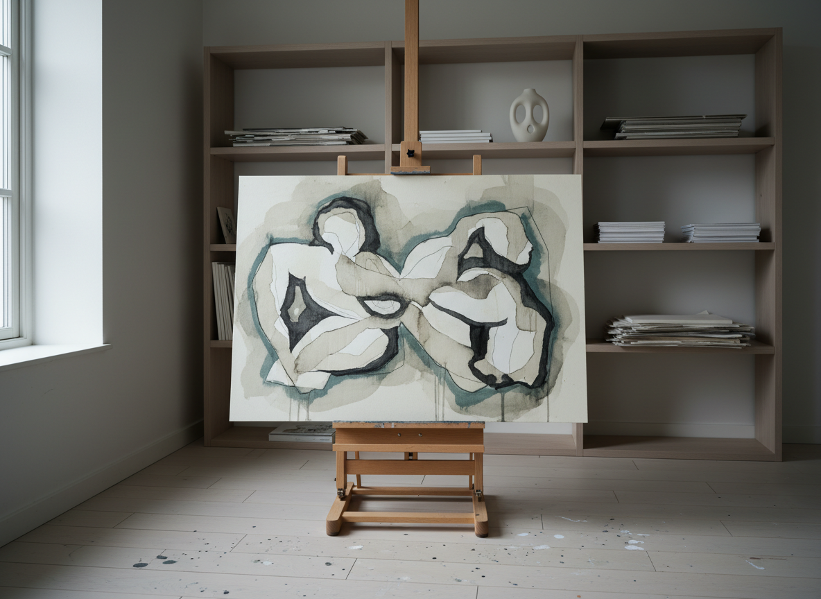 A single large mixed-media artwork featuring an abstract figurative composition is displayed on an easel in a quiet, white-walled studio corner. The piece suggests intertwined human forms purely through layered, torn paper silhouettes, tonal ink washes, and delicately scratched graphite lines in a restrained palette of cream, stone, charcoal, and a muted blue-green accent. The easel is light beech wood, standing on a pale, wide-plank floor with faint paint traces. In the background, only a minimal shelving unit with neatly stacked paper and a single ceramic vessel. Cool morning light enters from a tall side window, softly illuminating the artwork surface and creating a gentle falloff into shadow behind. Photographic realism with an eye-level, slightly off-center composition, conveying a serene, sophisticated, and contemplative mood aligned with Danish design sensibilities.