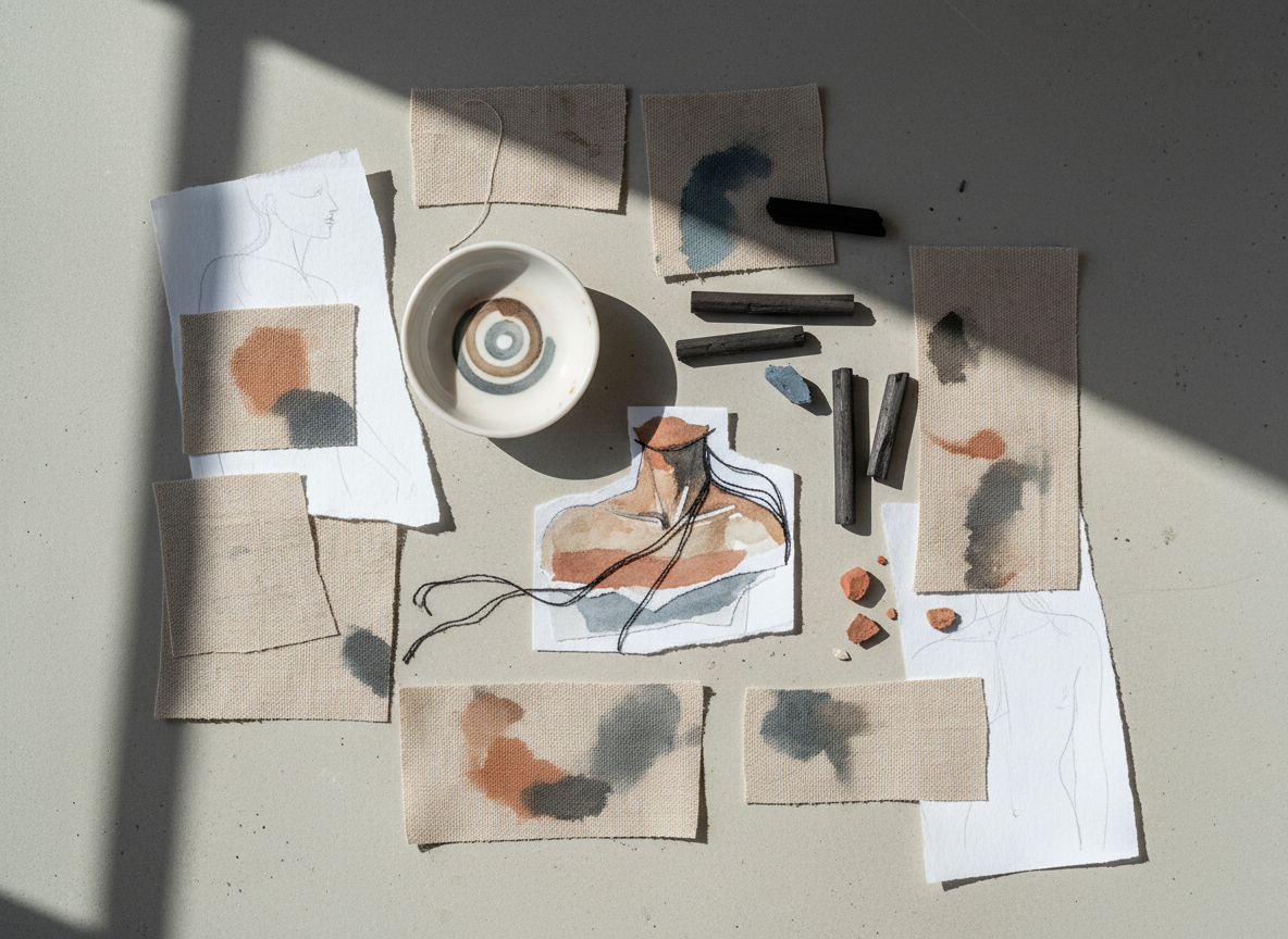 A meticulously curated flat lay of Line Lykke’s mixed-media figurative art materials arranged on a pale concrete surface: torn strips of heavy watercolor paper marked with ghostly contour lines, small squares of linen and raw canvas stained with ink, charcoal sticks, pastel fragments, and a porcelain mixing dish with dried paint rings in muted umber and blue-grey. At the center lies a small finished fragment of a figurative composition, where overlapping paper and thread suggest the curve of a shoulder and neck in an abstract way. Soft, cool daylight from a nearby window falls diagonally across the scene, creating gentle contrast and delicate, directional shadows. Shot from directly above with photographic realism and a crisp focus throughout, the mood is refined, thoughtful, and quietly sophisticated, perfectly suited to illustrating an artist’s process page.