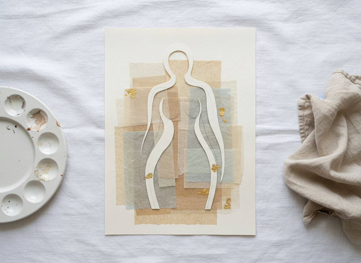 A close-up photographic view of a mixed-media figurative artwork lying flat on a clean linen-covered surface, featuring a stylized human form suggested only by curved negative space, layered translucent tissue, and textured handmade papers in ivory, sand, and pale smoke blue. Fine charcoal marks trace delicate contours while tiny gold leaf accents catch the light. The environment is minimal: just the edge of a bone-white ceramic palette and a folded flax-colored cloth nearby. Soft overcast daylight from a skylight above creates even, gentle illumination with barely-there shadows, emphasizing subtle textures. Captured from directly above in a carefully balanced composition, the scene feels refined and sophisticated, with photographic realism and a quiet, gallery-like atmosphere suitable for a Danish portfolio homepage hero image.