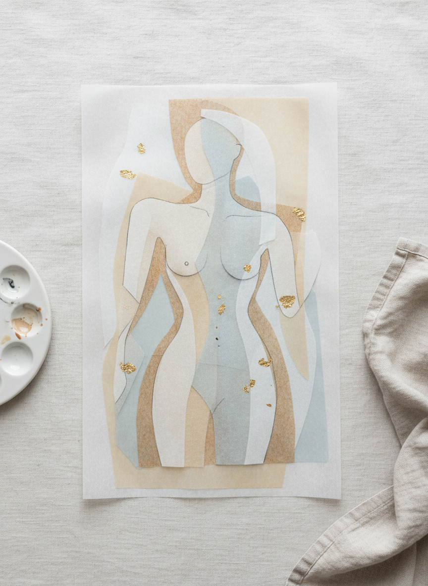 A close-up photographic view of a mixed-media figurative artwork lying flat on a clean linen-covered surface, featuring a stylized human form suggested only by curved negative space, layered translucent tissue, and textured handmade papers in ivory, sand, and pale smoke blue. Fine charcoal marks trace delicate contours while tiny gold leaf accents catch the light. The environment is minimal: just the edge of a bone-white ceramic palette and a folded flax-colored cloth nearby. Soft overcast daylight from a skylight above creates even, gentle illumination with barely-there shadows, emphasizing subtle textures. Captured from directly above in a carefully balanced composition, the scene feels refined and sophisticated, with photographic realism and a quiet, gallery-like atmosphere suitable for a Danish portfolio homepage hero image.