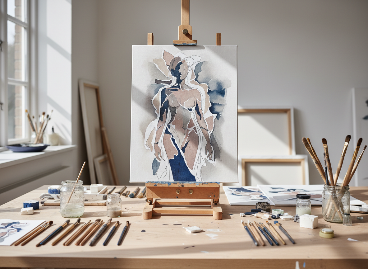 A meticulously arranged studio worktable covered with mixed-media figurative artworks, focusing on a single, partially completed canvas showing an abstracted human silhouette built from layered torn paper, delicate graphite lines, and muted ink washes in soft greys, dusty blush, and deep indigo. The table surface is pale oak with faint paint splatters, surrounded by neatly placed brushes, pigment sticks, and small glass jars of medium. Soft, diffused north-facing daylight enters from an unseen window, casting gentle, elongated shadows and subtle highlights along the textured papers. Photographic realism at eye level, with a shallow depth of field that keeps the central artwork crisp while the surrounding tools blur into a sophisticated, calm background, capturing a serene, contemplative atmosphere in a Danish artist’s studio.