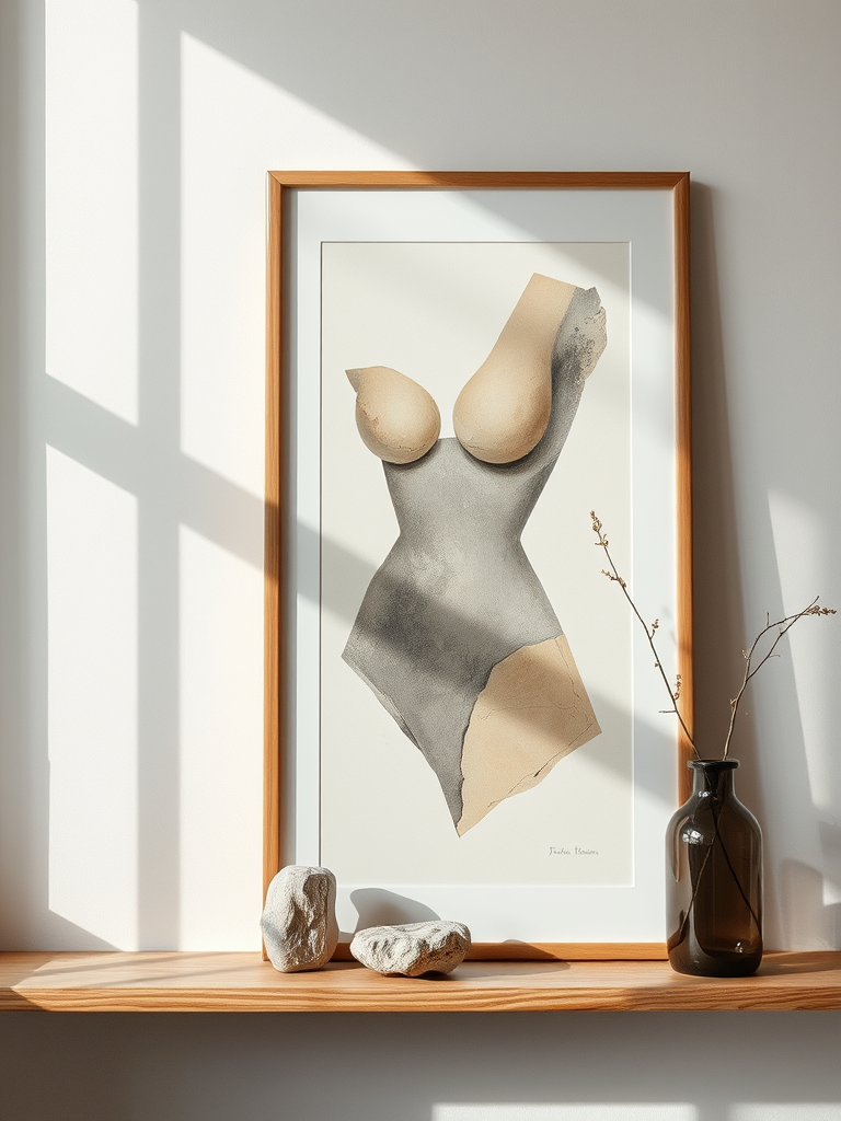 A framed mixed-media figurative artwork leaning against a matte white wall on a narrow oak shelf, the piece depicting an abstracted human torso suggested by layered fragments of vintage book pages, gesso, and muted watercolor stains in warm beige, slate grey, and hints of dusty rose. The frame is slim, natural oak with a satin finish, resting beside a small stone sculpture and a single dried branch in a smoke-glass vase. Late afternoon natural light filters sideways through an unseen window, creating soft highlights on the glass and a gentle rim of light along the frame’s edge, with subtle shadows falling across the wall. Photographic realism, composed using the rule of thirds with a calm, sophisticated Scandinavian aesthetic and a medium depth of field that keeps all objects clearly defined yet understated.